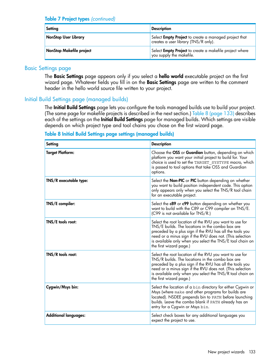 Basic settings page, Initial build settings page (managed builds) | HP Integrity NonStop J-Series User Manual | Page 133 / 163