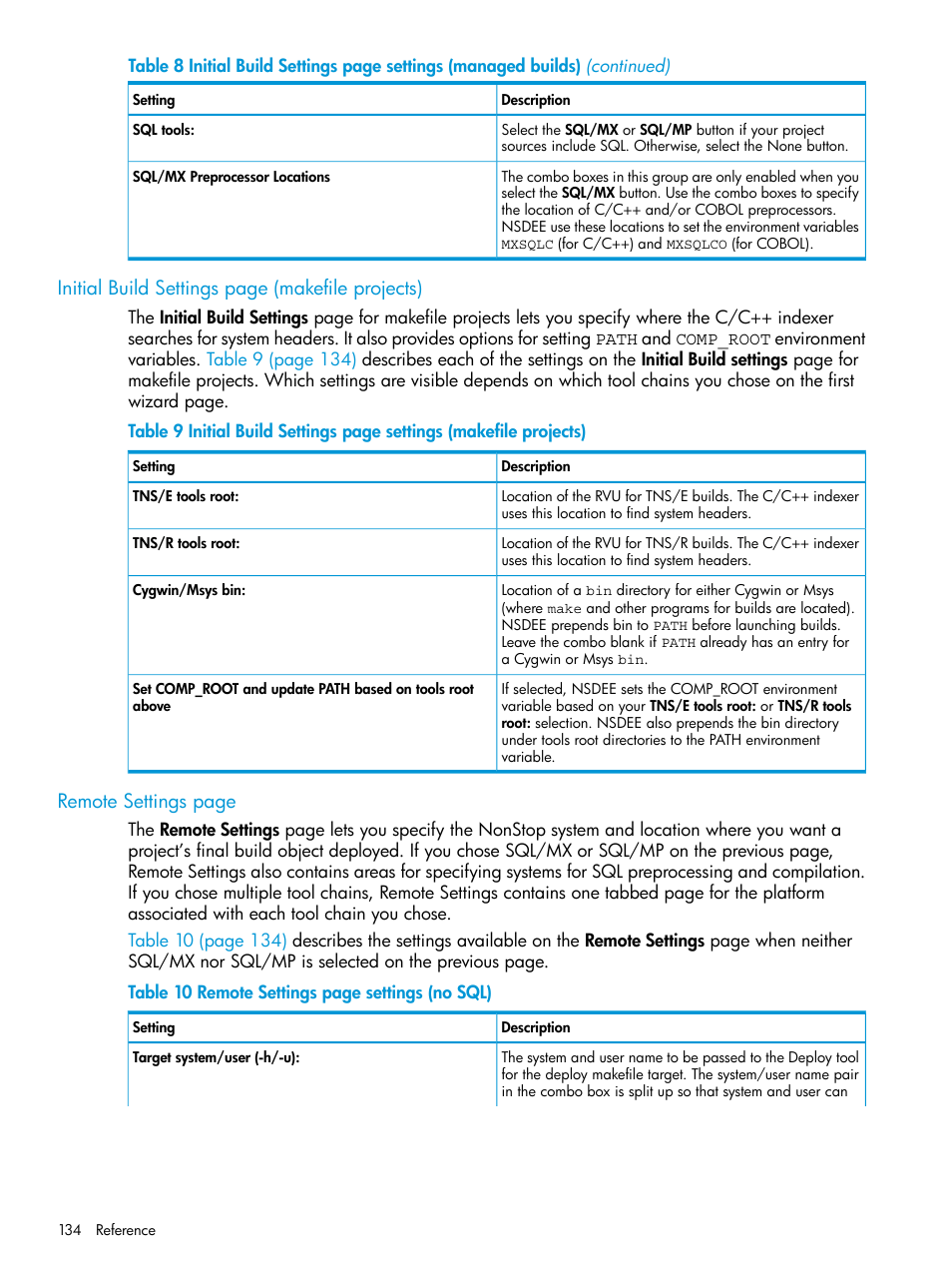 Initial build settings page (makefile projects), Remote settings page | HP Integrity NonStop J-Series User Manual | Page 134 / 163