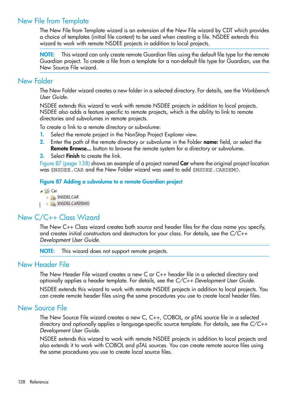 New file from template, New folder, New c/c++ class wizard | New header file, New source file, Adding a subvolume to a remote guardian project | HP Integrity NonStop J-Series User Manual | Page 138 / 163