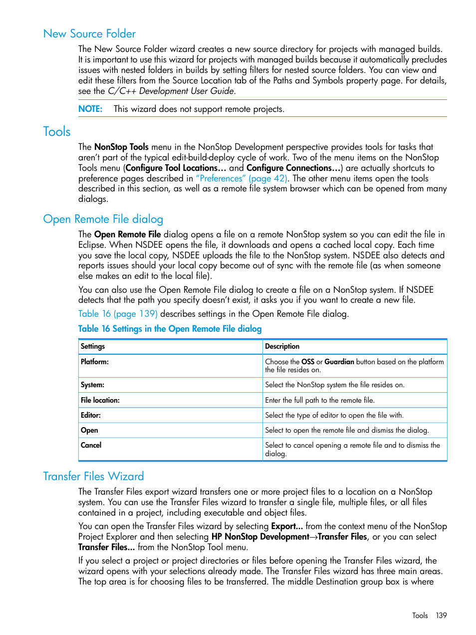 New source folder, Tools, Open remote file dialog | Transfer files wizard, Open remote file dialog transfer files wizard, Settings in the open remote file dialog | HP Integrity NonStop J-Series User Manual | Page 139 / 163