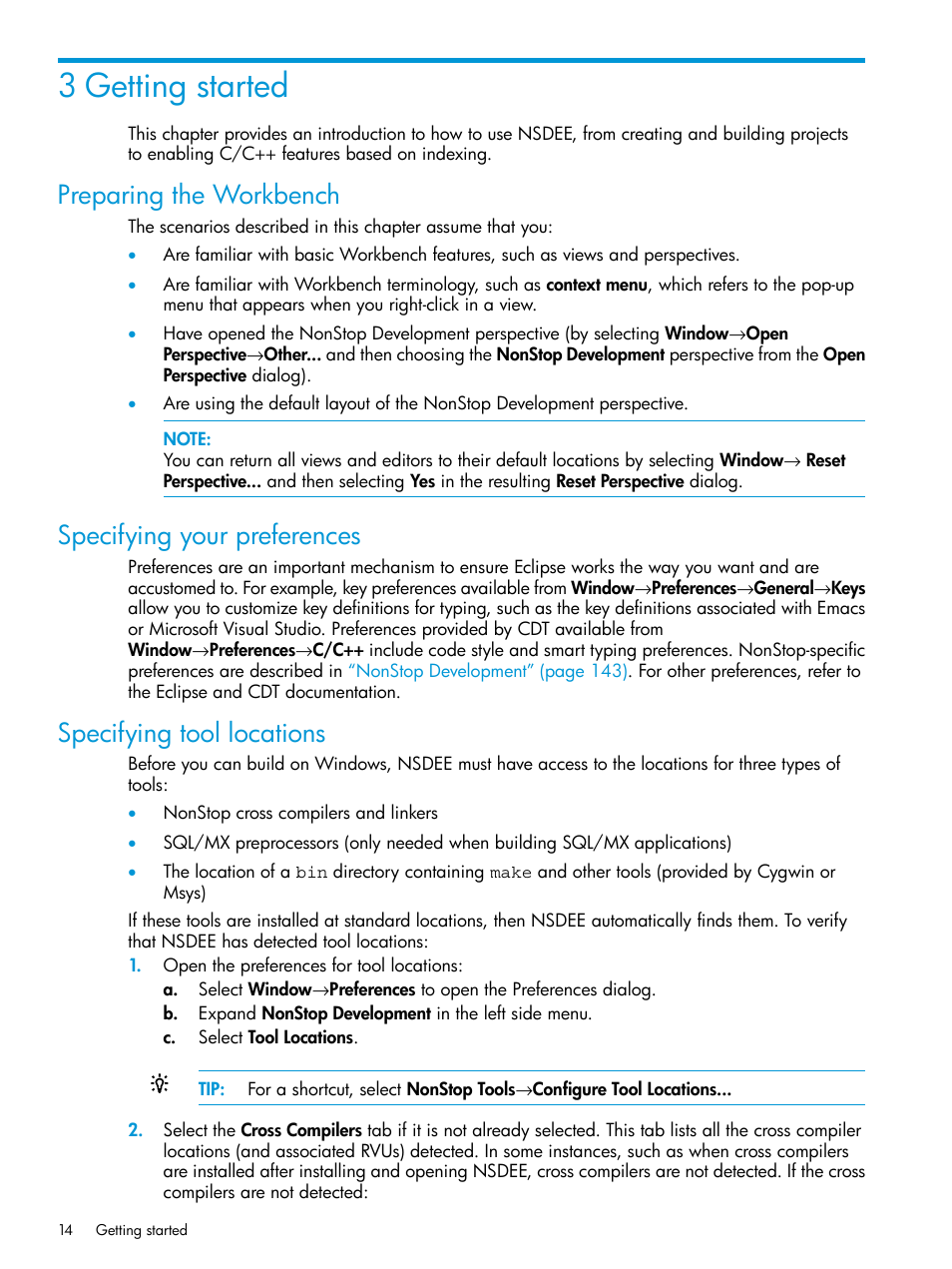 3 getting started, Preparing the workbench, Specifying your preferences | Specifying tool locations | HP Integrity NonStop J-Series User Manual | Page 14 / 163