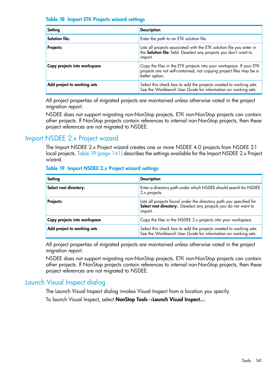 Import nsdee 2.x project wizard, Launch visual inspect dialog, Import etk projects wizard settings | Import nsdee 2.x project wizard settings | HP Integrity NonStop J-Series User Manual | Page 141 / 163