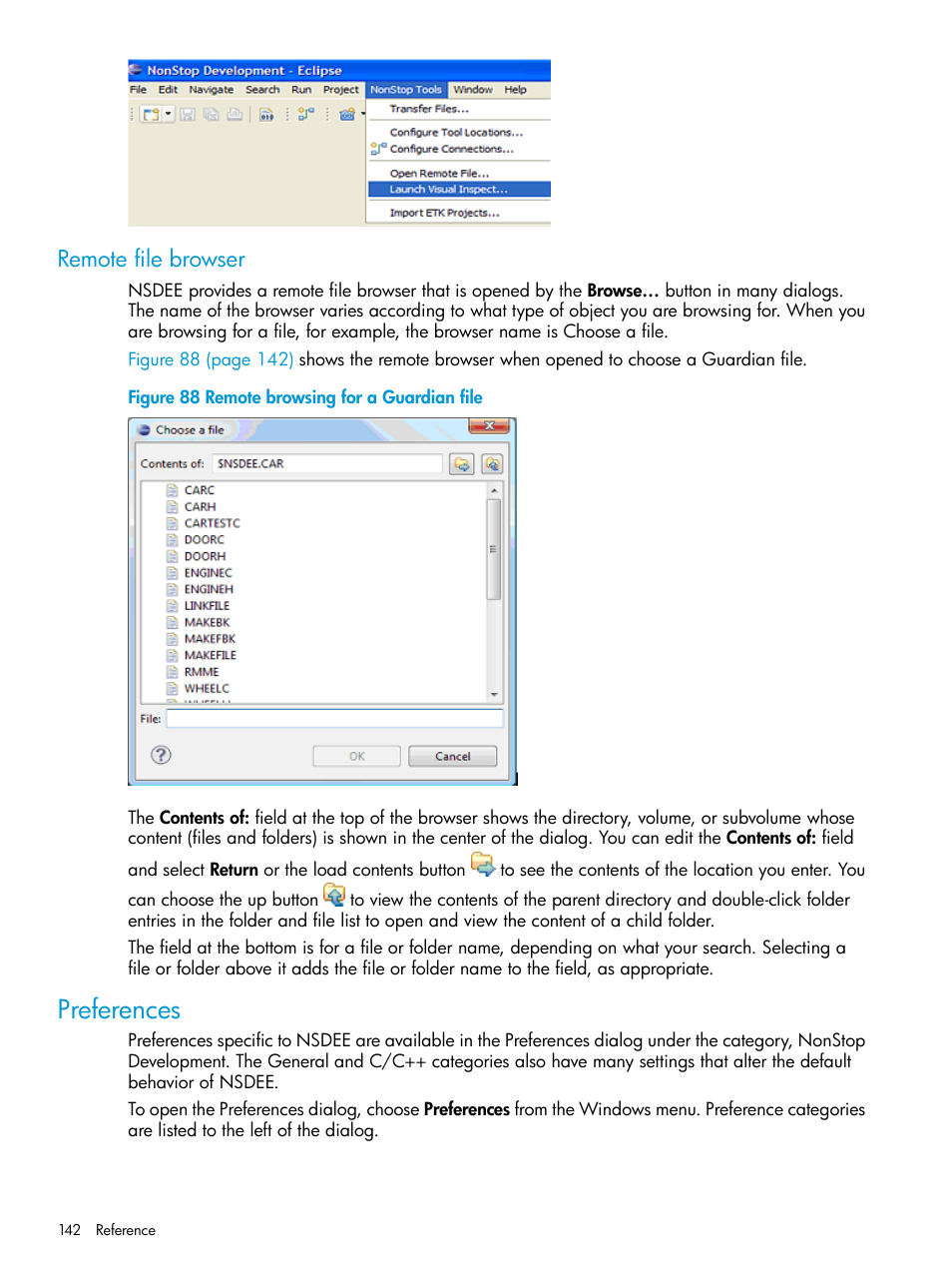 Remote file browser, Preferences, Remote browsing for a guardian file | HP Integrity NonStop J-Series User Manual | Page 142 / 163