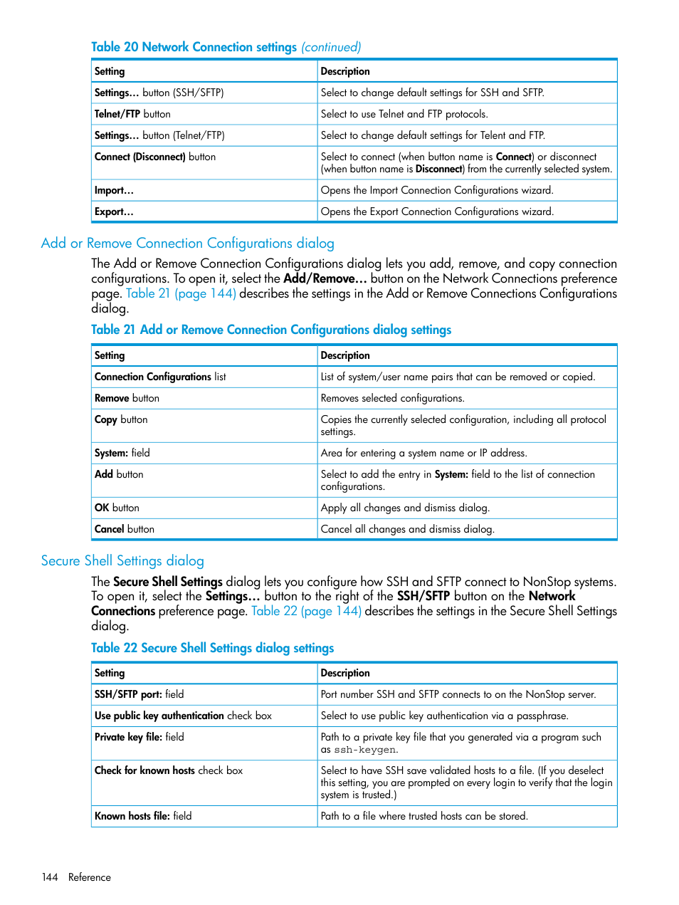 Add or remove connection configurations dialog, Secure shell settings dialog, Secure shell settings dialog settings | HP Integrity NonStop J-Series User Manual | Page 144 / 163