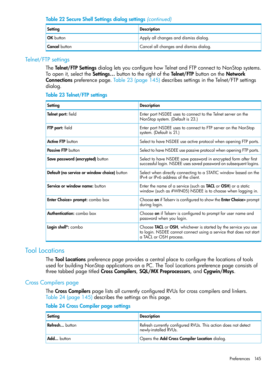 Telnet/ftp settings, Tool locations, Cross compilers page | HP Integrity NonStop J-Series User Manual | Page 145 / 163