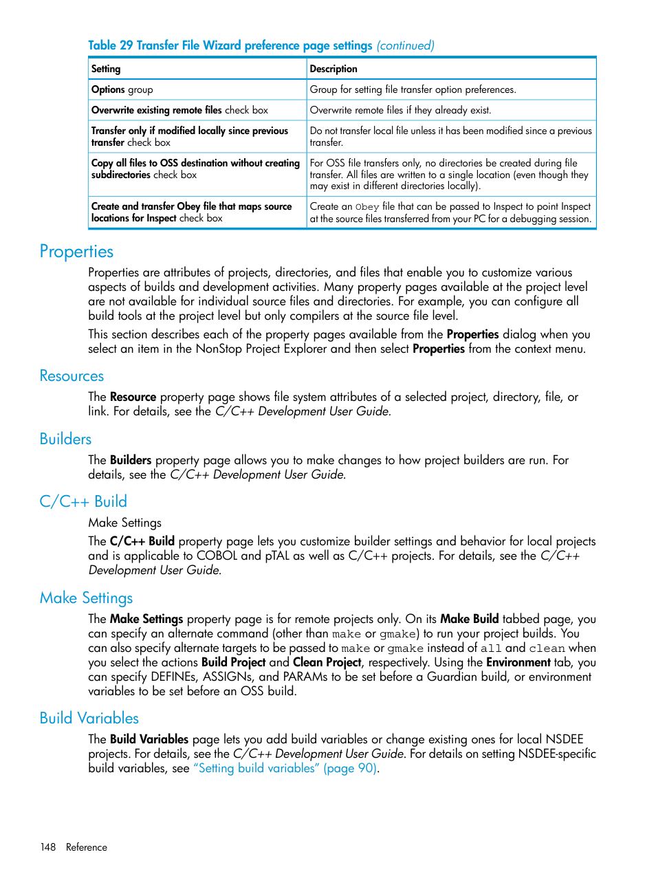 Properties, Resources, Builders | C/c++ build, Make settings, Build variables | HP Integrity NonStop J-Series User Manual | Page 148 / 163