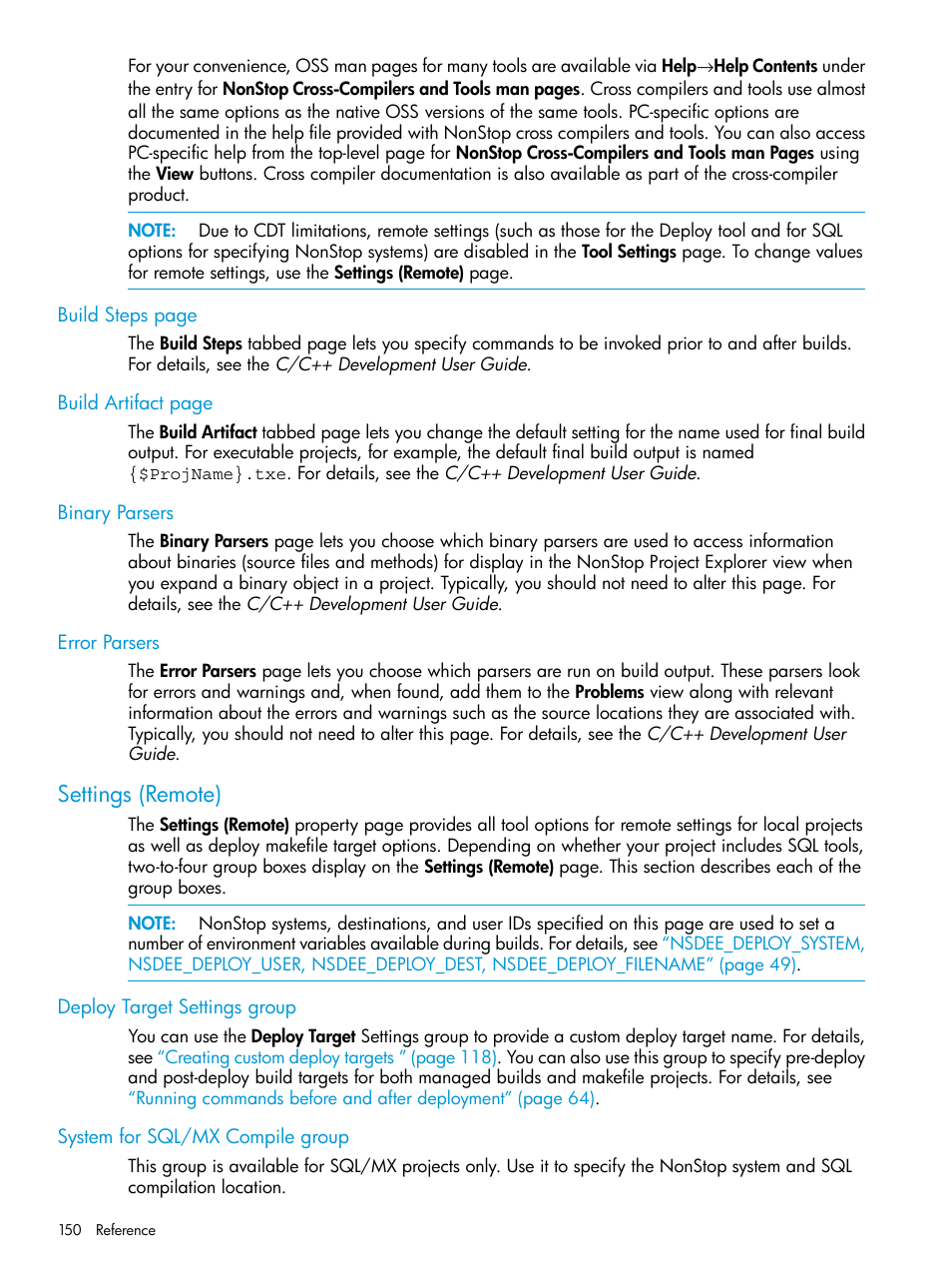 Binary parsers, Error parsers, Settings (remote) | Deploy target settings group, System for sql/mx compile group | HP Integrity NonStop J-Series User Manual | Page 150 / 163