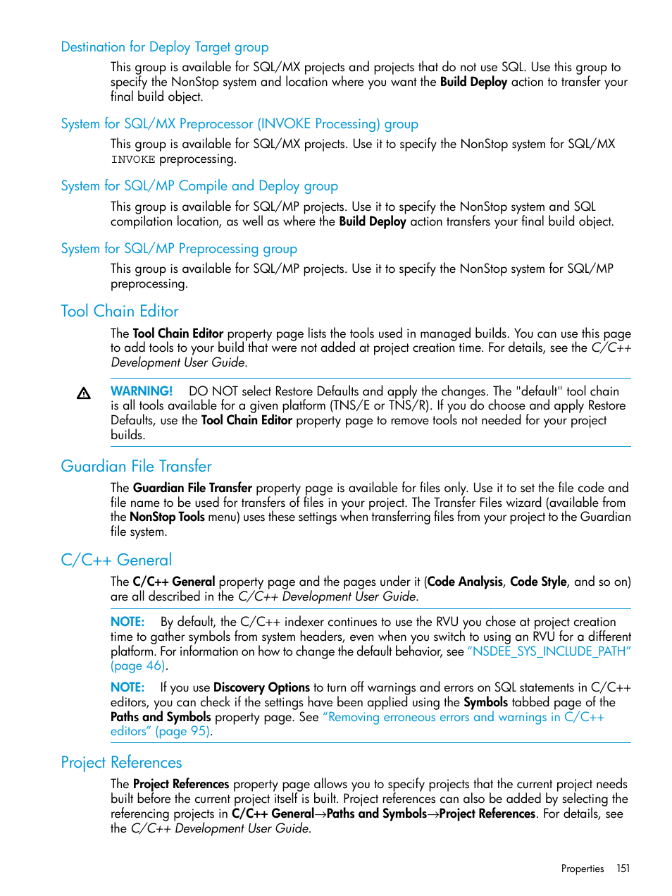 Destination for deploy target group, System for sql/mp compile and deploy group, System for sql/mp preprocessing group | Tool chain editor, Guardian file transfer, C/c++ general, Project references | HP Integrity NonStop J-Series User Manual | Page 151 / 163