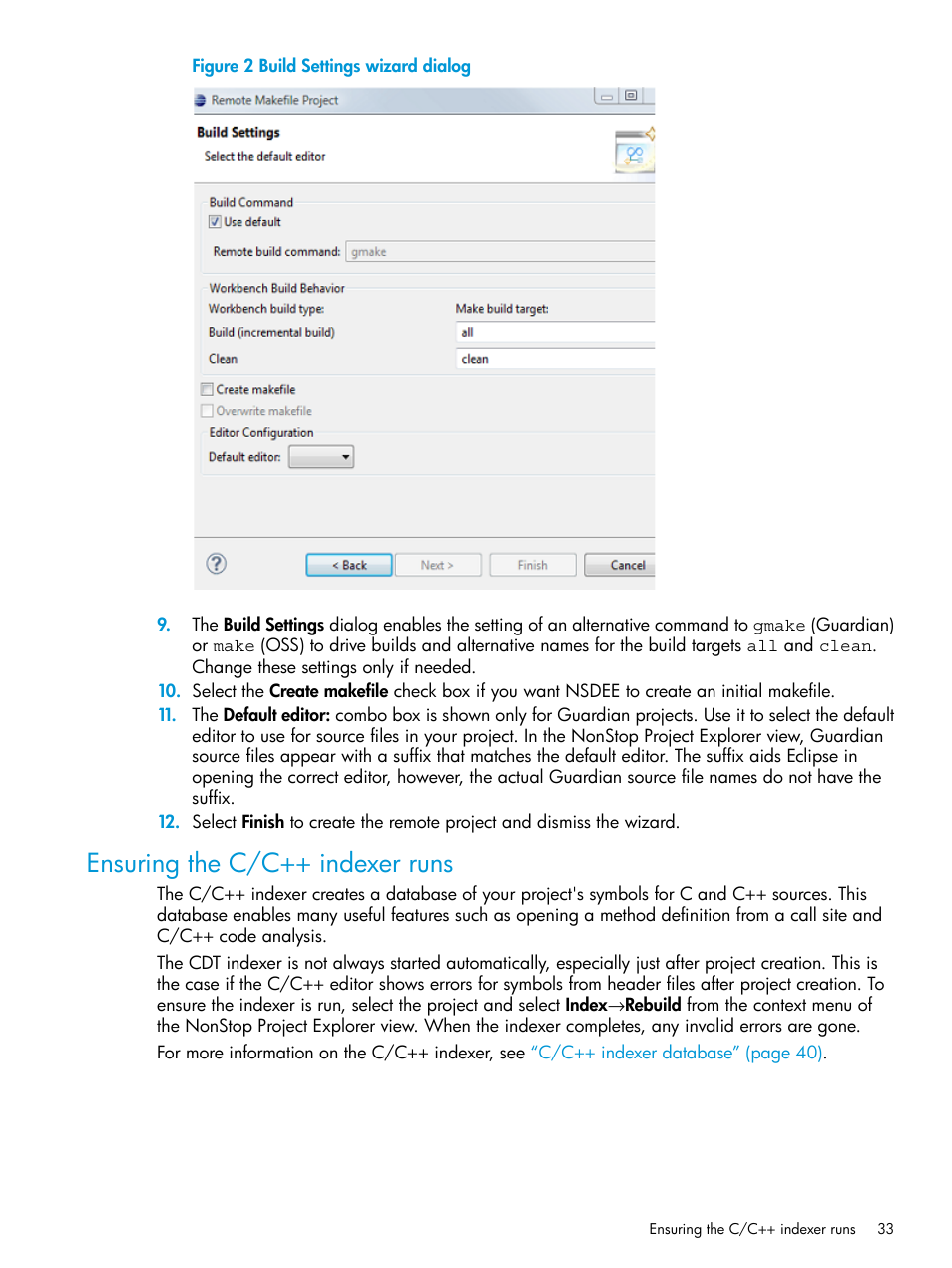 Ensuring the c/c++ indexer runs, Build settings wizard dialog, Ensuring the c/c | Ensuring the | HP Integrity NonStop J-Series User Manual | Page 33 / 163