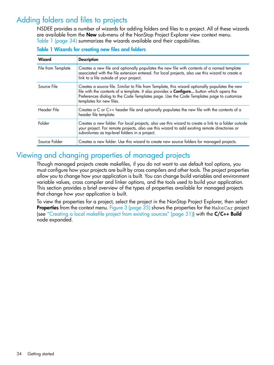 Adding folders and files to projects, Wizards for creating new files and folders, Viewing and changing | Viewing and | HP Integrity NonStop J-Series User Manual | Page 34 / 163