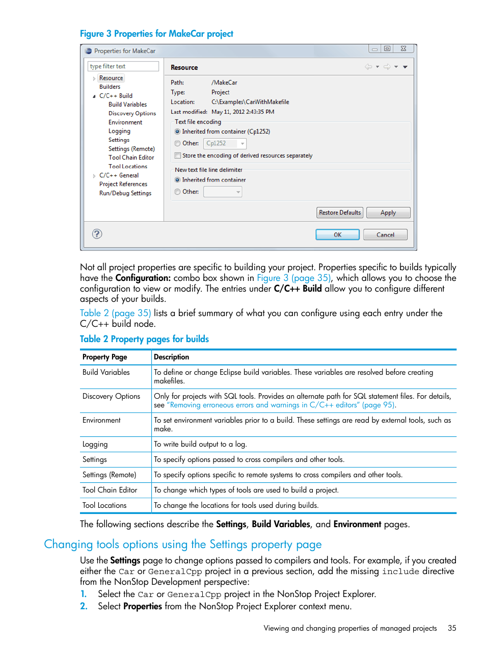Properties for makecar project | HP Integrity NonStop J-Series User Manual | Page 35 / 163