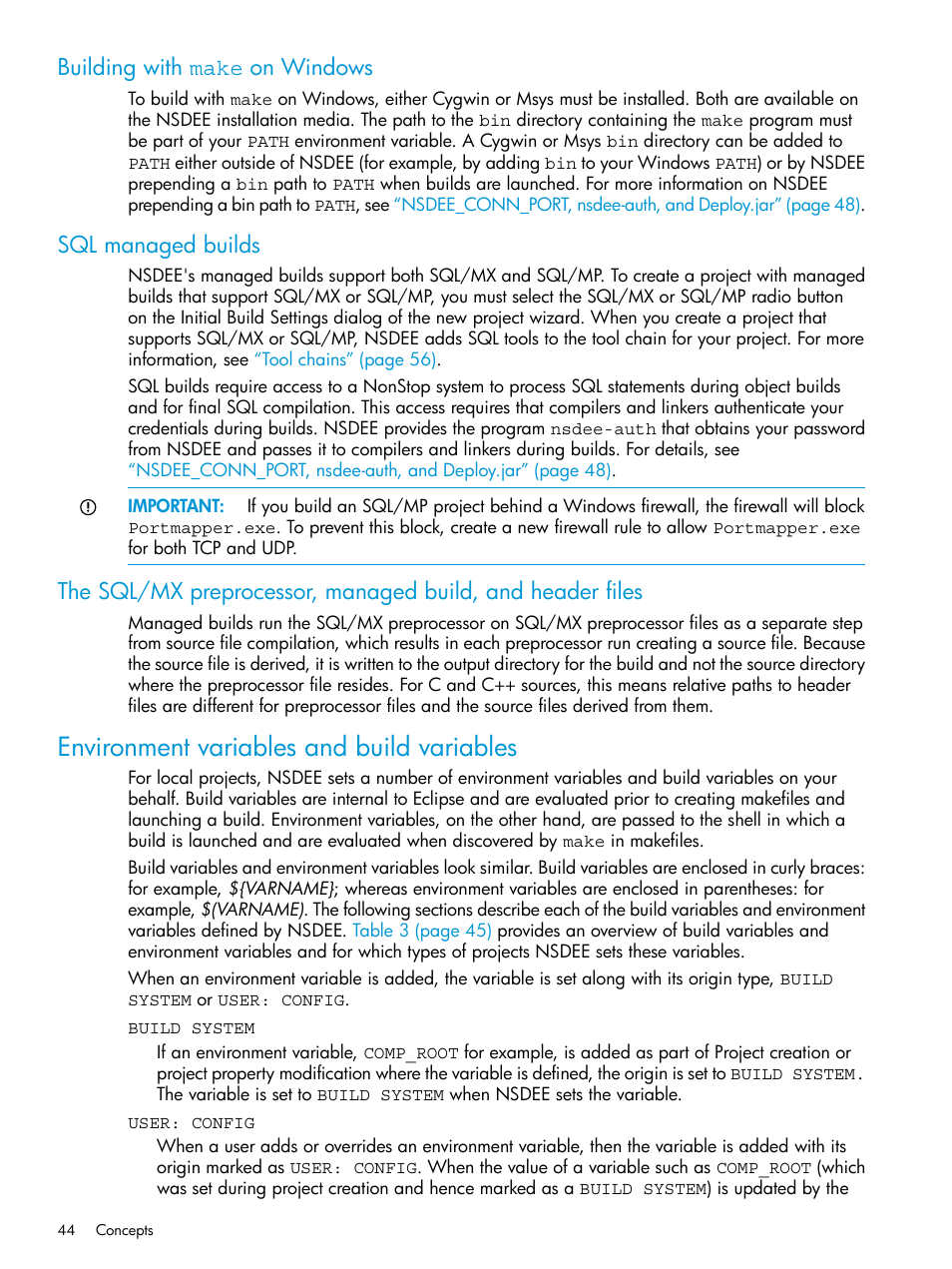 Building with make on windows, Sql managed builds, Environment variables and build variables | HP Integrity NonStop J-Series User Manual | Page 44 / 163