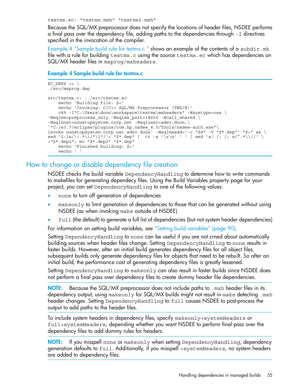 How to change or disable dependency file creation, Sample build rule for testmx.c, How to change | HP Integrity NonStop J-Series User Manual | Page 55 / 163