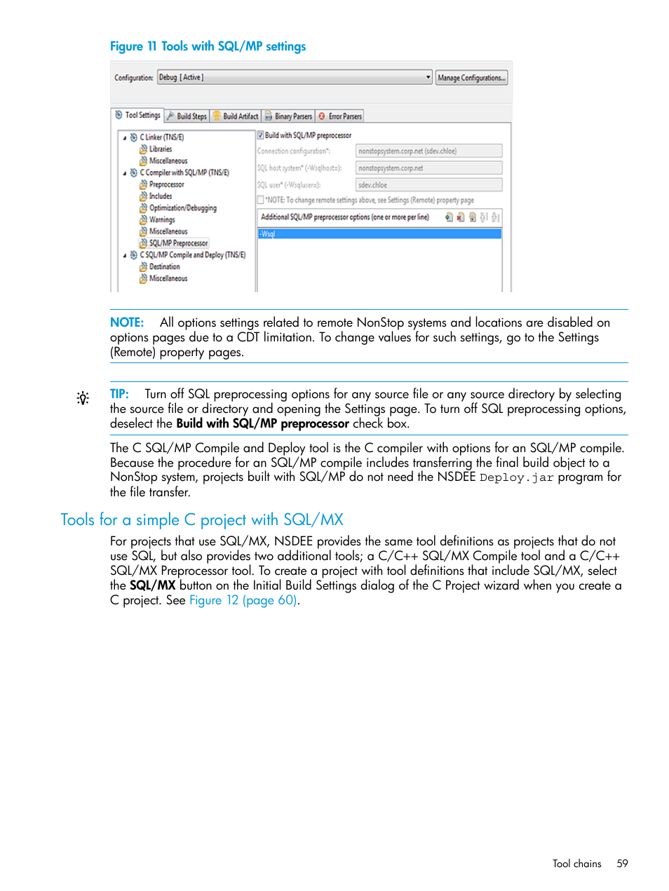 Tools for a simple c project with sql/mx, Tools with sql/mp settings | HP Integrity NonStop J-Series User Manual | Page 59 / 163