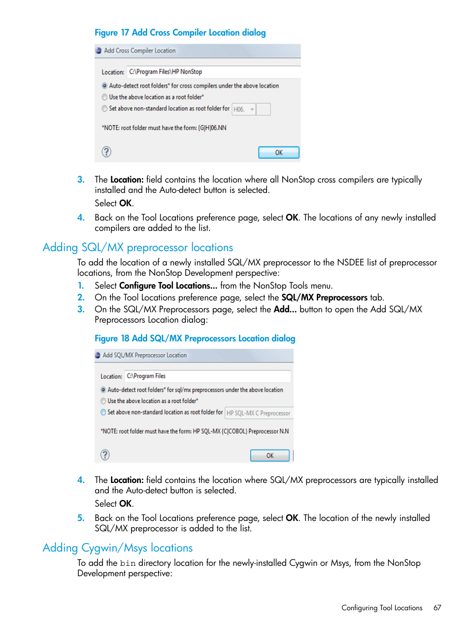 Adding sql/mx preprocessor locations, Adding cygwin/msys locations, Add cross compiler location dialog | Add sql/mx preprocessors location dialog | HP Integrity NonStop J-Series User Manual | Page 67 / 163