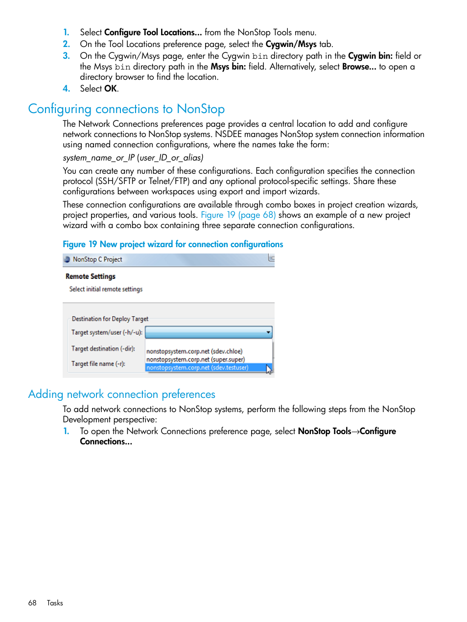 Configuring connections to nonstop, Adding network connection preferences, New project wizard for connection configurations | HP Integrity NonStop J-Series User Manual | Page 68 / 163