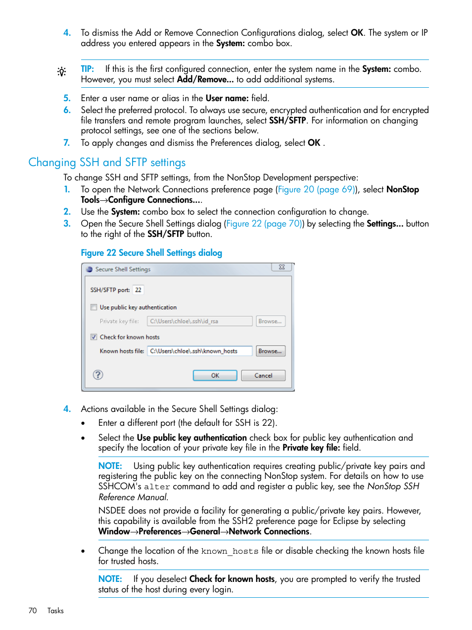 Changing ssh and sftp settings, Secure shell settings dialog | HP Integrity NonStop J-Series User Manual | Page 70 / 163