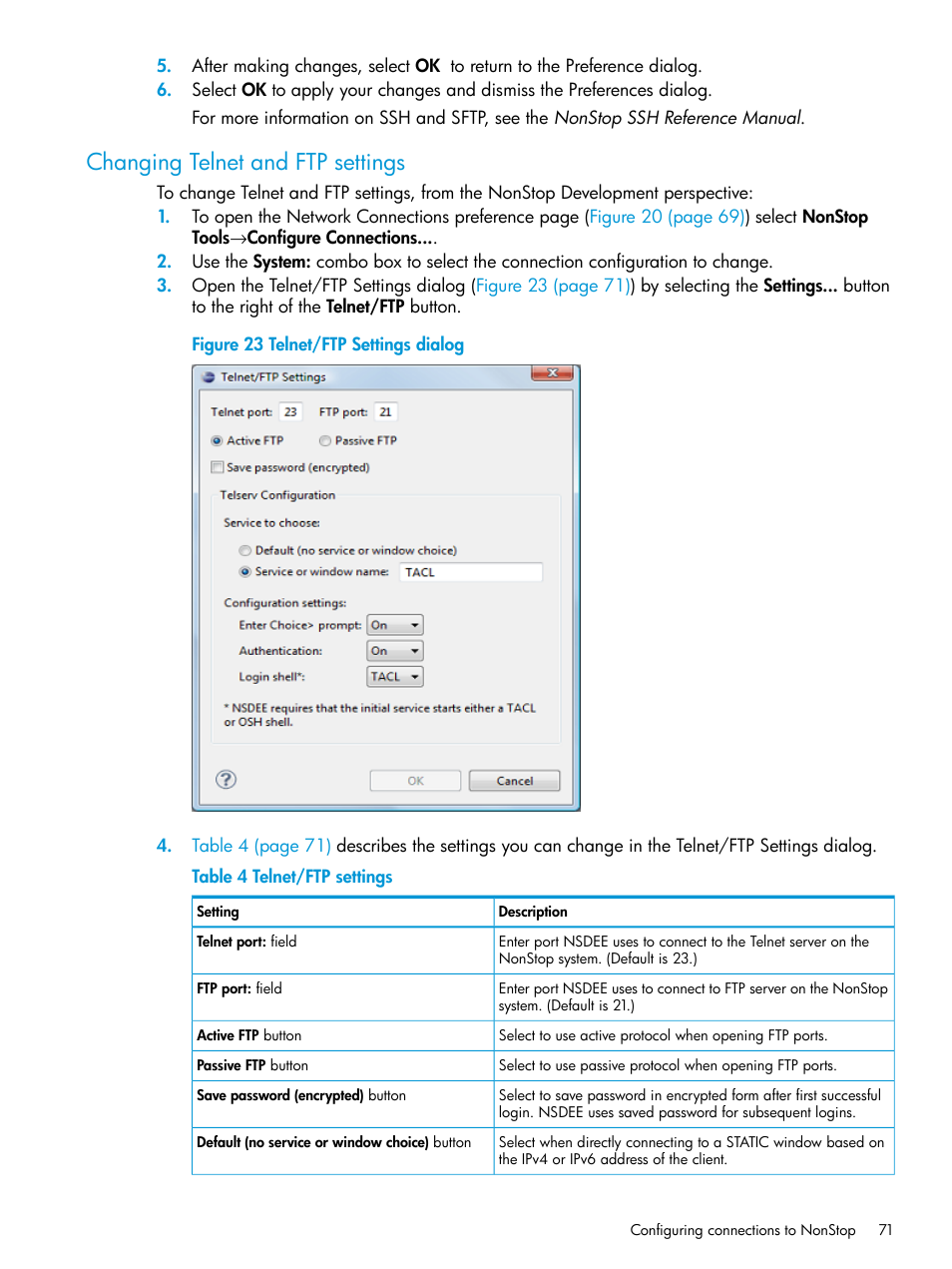 Changing telnet and ftp settings, Telnet/ftp settings dialog, Telnet/ftp settings | HP Integrity NonStop J-Series User Manual | Page 71 / 163