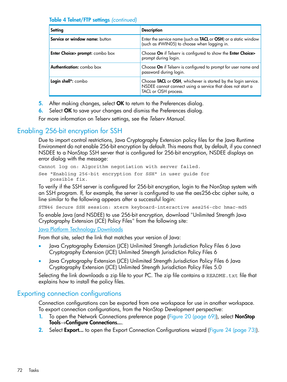 Enabling 256-bit encryption for ssh, Exporting connection configurations | HP Integrity NonStop J-Series User Manual | Page 72 / 163