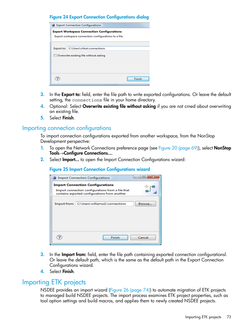 Importing connection configurations, Importing etk projects, Export connection configurations dialog | Import connection configurations wizard | HP Integrity NonStop J-Series User Manual | Page 73 / 163