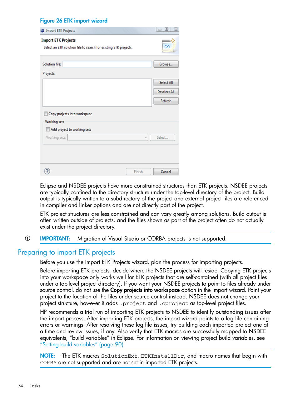 Preparing to import etk projects, Etk import wizard | HP Integrity NonStop J-Series User Manual | Page 74 / 163