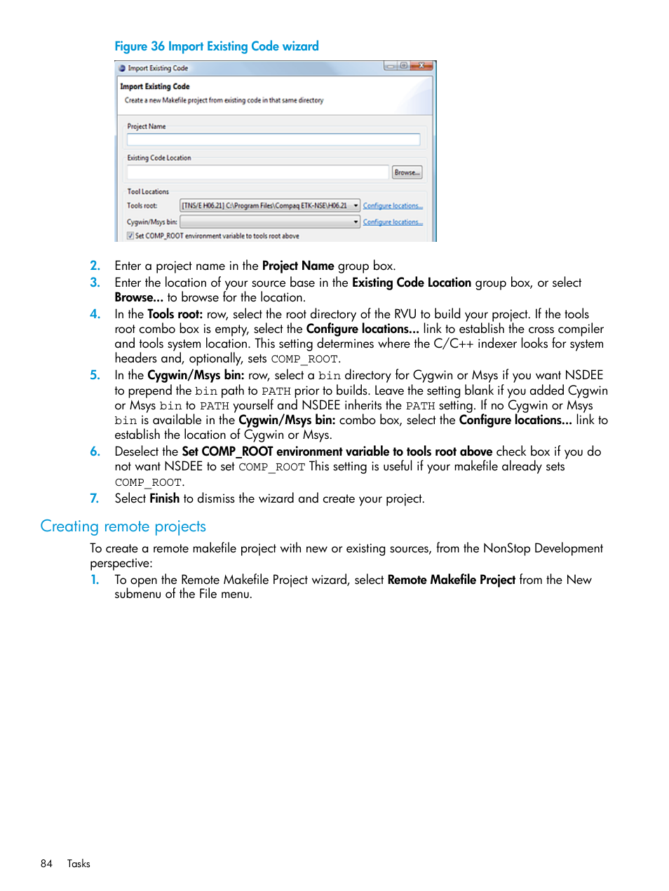 Creating remote projects, Import existing code wizard | HP Integrity NonStop J-Series User Manual | Page 84 / 163