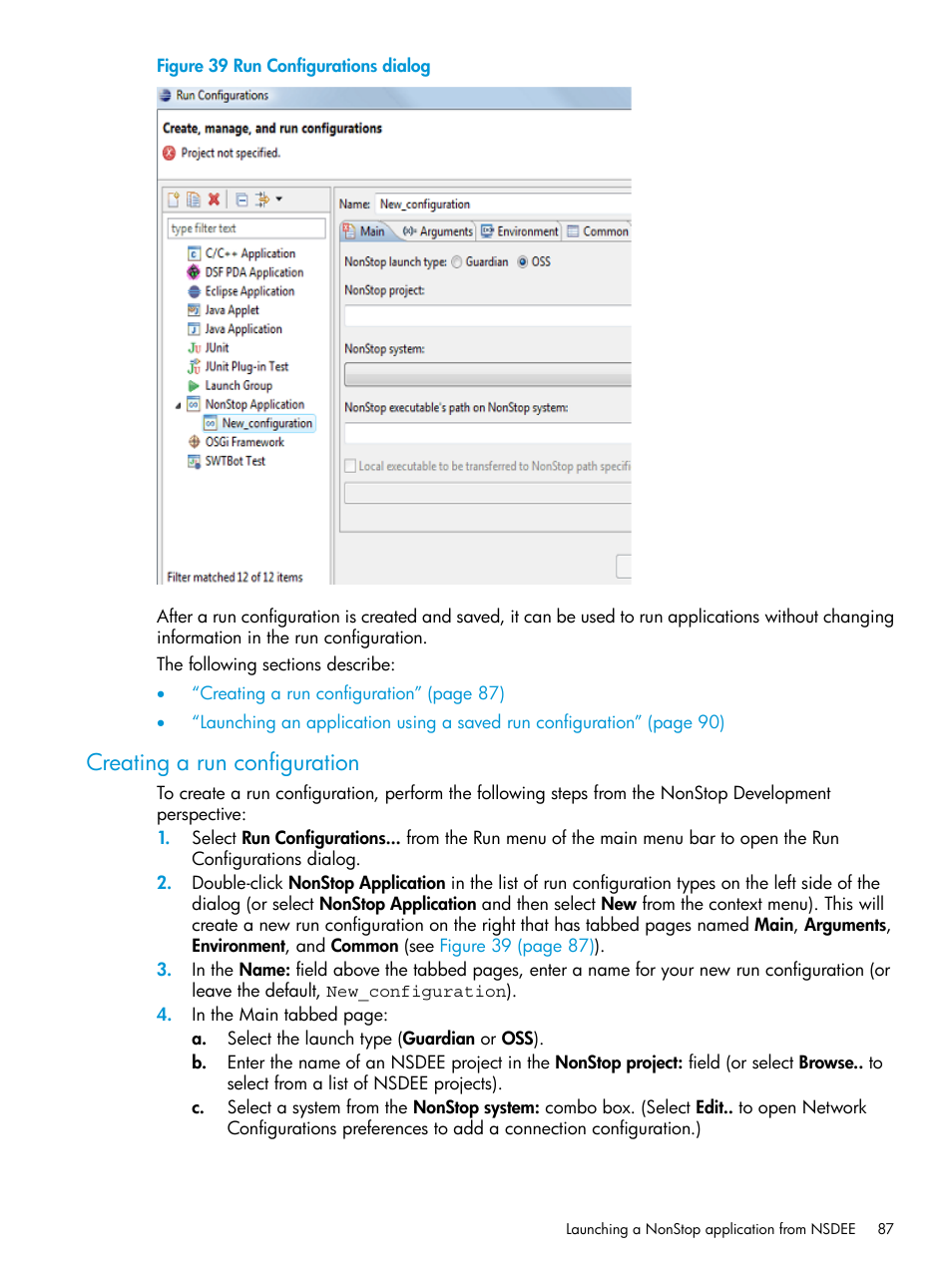Creating a run configuration, Run configurations dialog | HP Integrity NonStop J-Series User Manual | Page 87 / 163