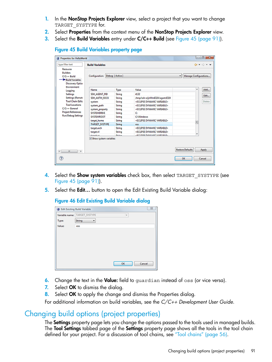 Changing build options (project properties), Edit existing build variable dialog | HP Integrity NonStop J-Series User Manual | Page 91 / 163