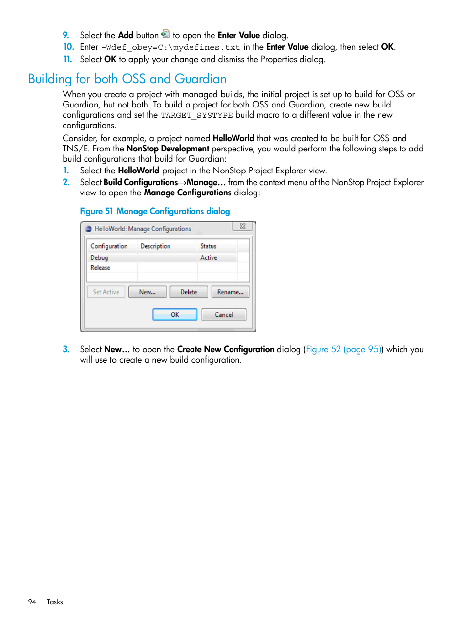 Building for both oss and guardian, Manage configurations dialog | HP Integrity NonStop J-Series User Manual | Page 94 / 163