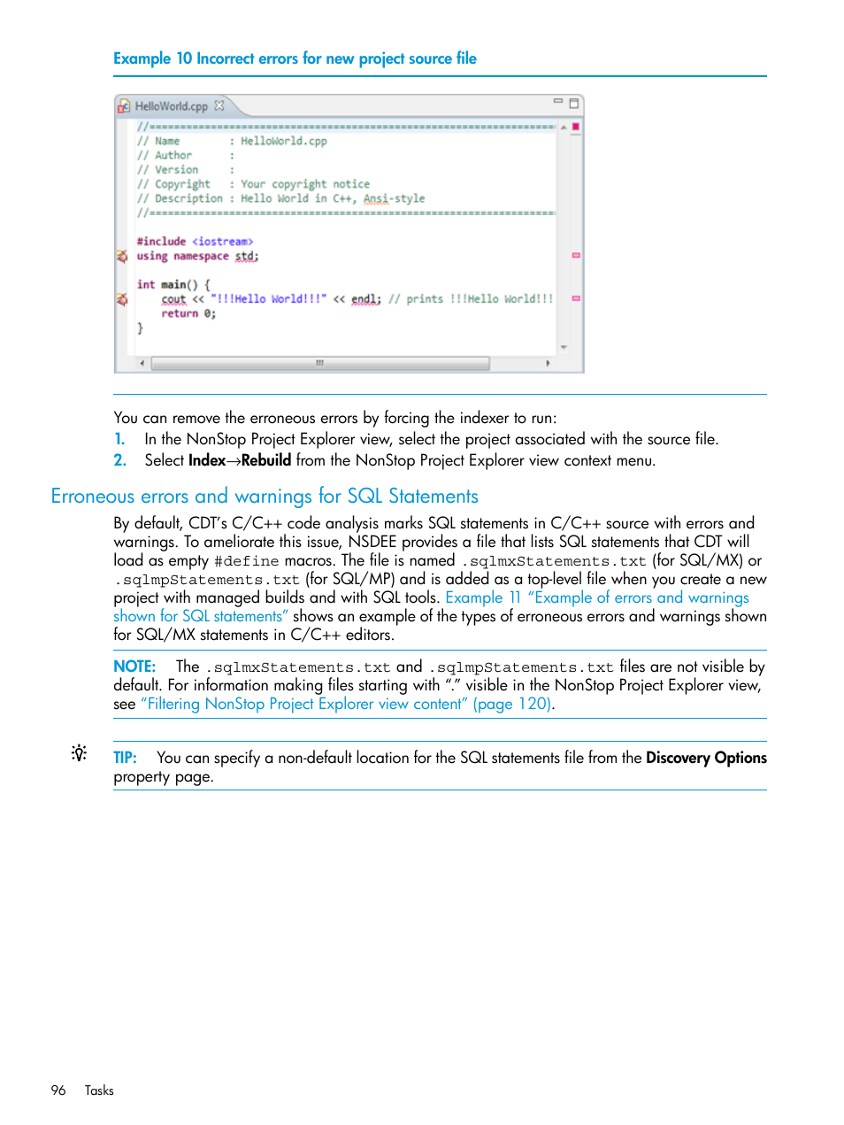 Erroneous errors and warnings for sql statements, Incorrect errors for new project source file | HP Integrity NonStop J-Series User Manual | Page 96 / 163