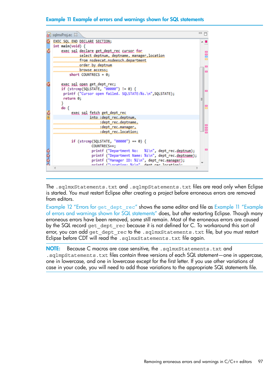 Example 11 “example of errors and warnings, Shown for sql statements | HP Integrity NonStop J-Series User Manual | Page 97 / 163