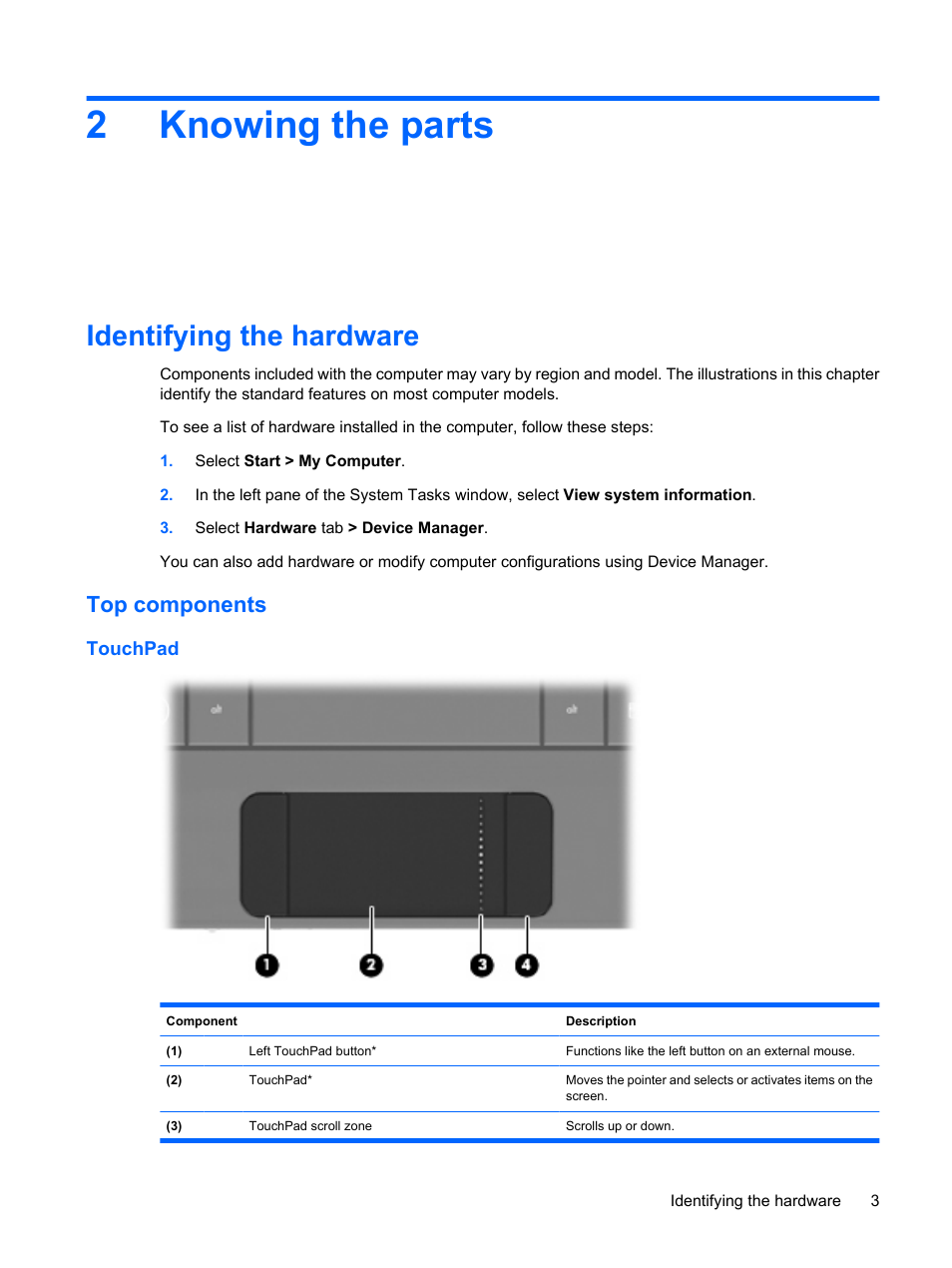 Knowing the parts, Identifying the hardware, Top components | Touchpad, 2 knowing the parts, 2knowing the parts | HP Compaq Mini 110c-1150EB PC User Manual | Page 11 / 87