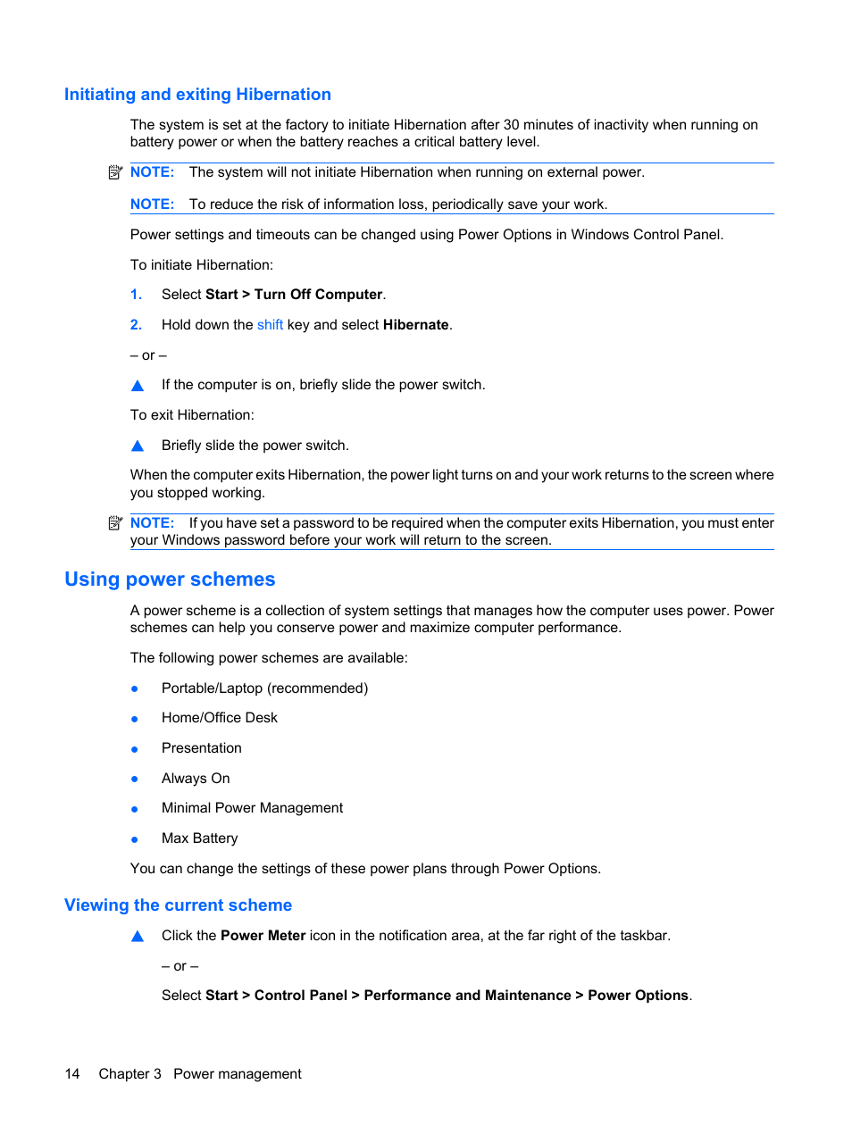 Initiating and exiting hibernation, Using power schemes, Viewing the current scheme | HP Compaq Mini 110c-1150EB PC User Manual | Page 22 / 87