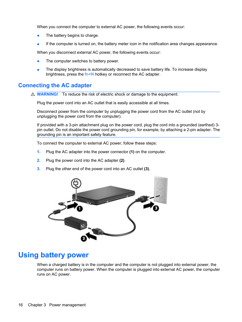 Connecting the ac adapter, Using battery power | HP Compaq Mini 110c-1150EB PC User Manual | Page 24 / 87