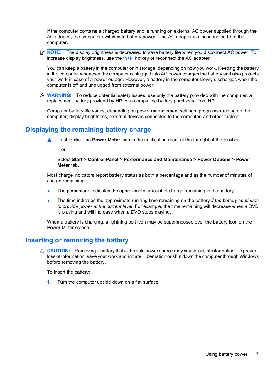 Displaying the remaining battery charge, Inserting or removing the battery | HP Compaq Mini 110c-1150EB PC User Manual | Page 25 / 87