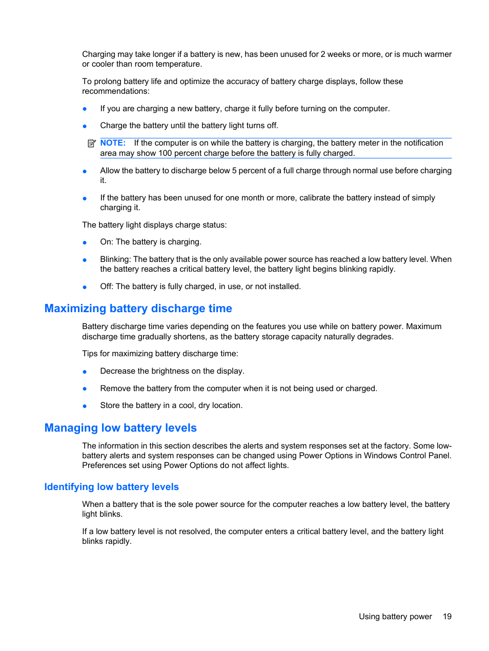 Maximizing battery discharge time, Managing low battery levels, Identifying low battery levels | HP Compaq Mini 110c-1150EB PC User Manual | Page 27 / 87