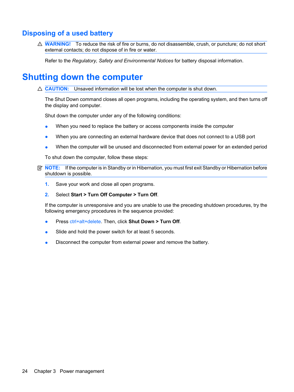 Disposing of a used battery, Shutting down the computer | HP Compaq Mini 110c-1150EB PC User Manual | Page 32 / 87