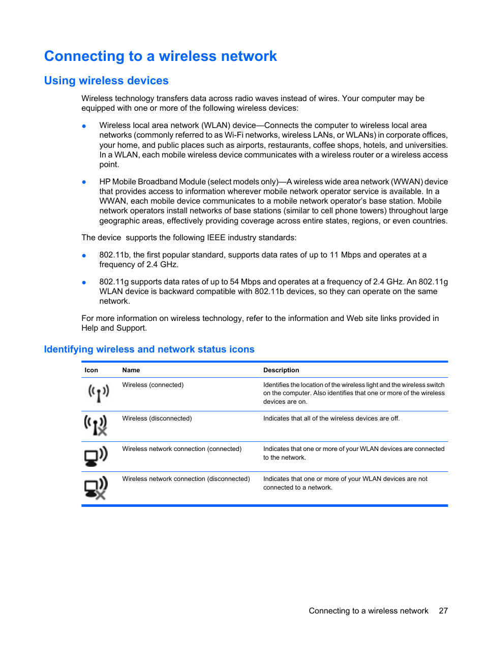 Connecting to a wireless network, Using wireless devices, Identifying wireless and network status icons | HP Compaq Mini 110c-1150EB PC User Manual | Page 35 / 87