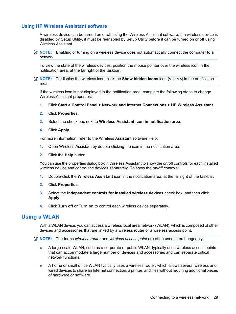 Using hp wireless assistant software, Using a wlan | HP Compaq Mini 110c-1150EB PC User Manual | Page 37 / 87