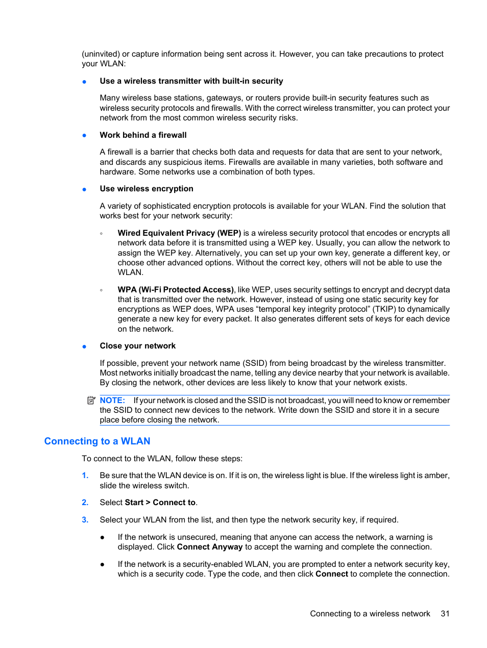 Connecting to a wlan | HP Compaq Mini 110c-1150EB PC User Manual | Page 39 / 87