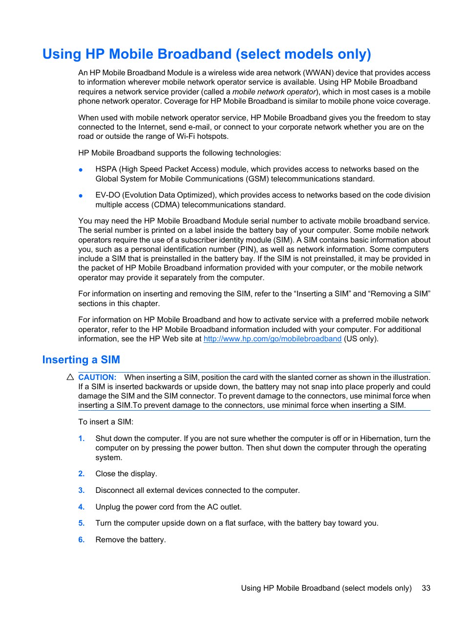 Using hp mobile broadband (select models only), Inserting a sim | HP Compaq Mini 110c-1150EB PC User Manual | Page 41 / 87