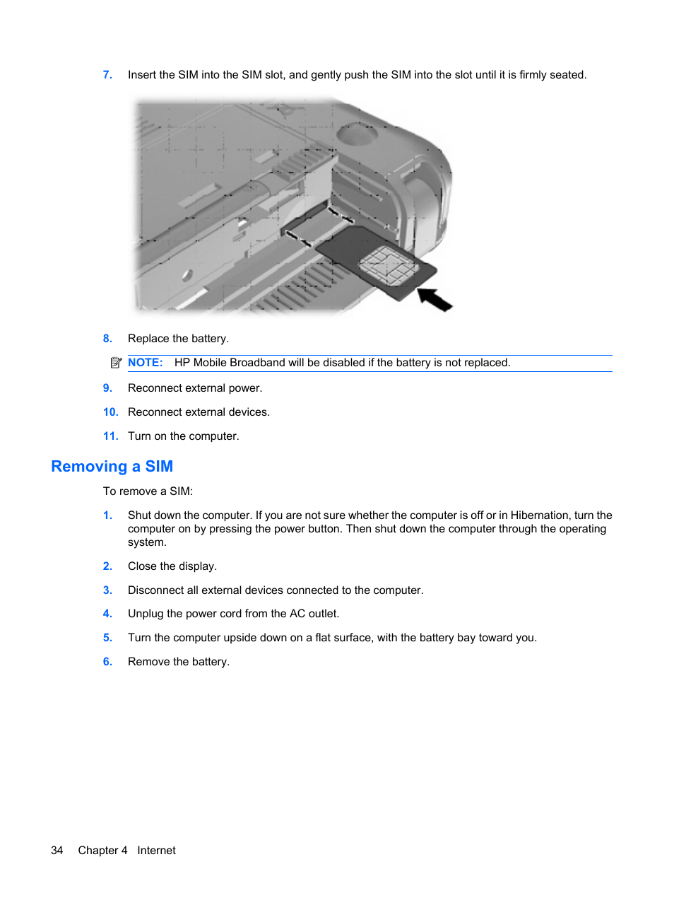 Removing a sim | HP Compaq Mini 110c-1150EB PC User Manual | Page 42 / 87
