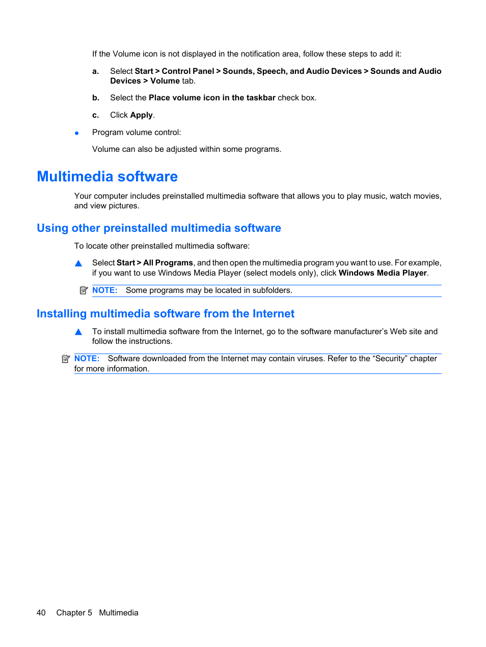 Multimedia software, Using other preinstalled multimedia software, Installing multimedia software from the internet | HP Compaq Mini 110c-1150EB PC User Manual | Page 48 / 87