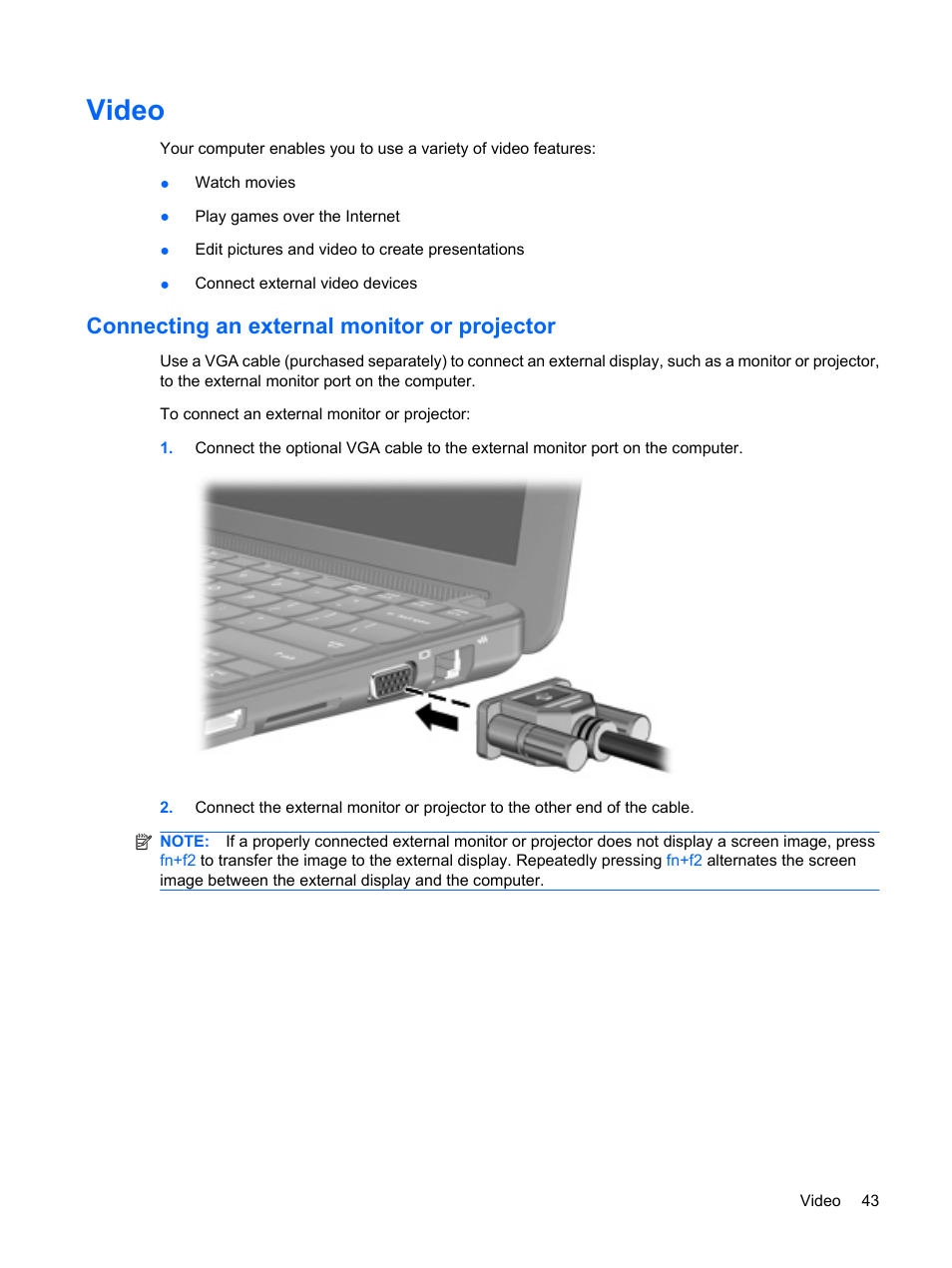 Video, Connecting an external monitor or projector | HP Compaq Mini 110c-1150EB PC User Manual | Page 51 / 87