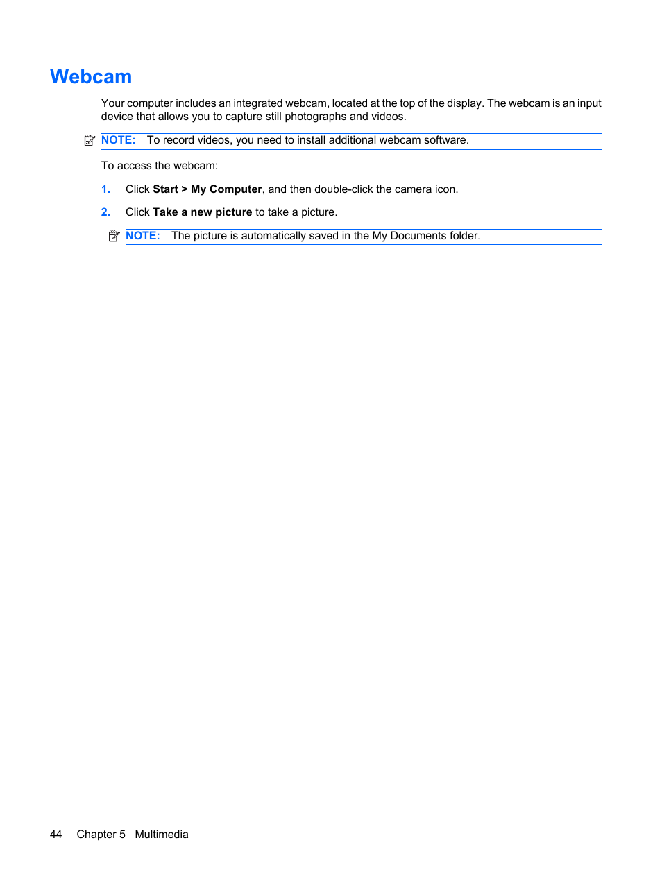 Webcam | HP Compaq Mini 110c-1150EB PC User Manual | Page 52 / 87