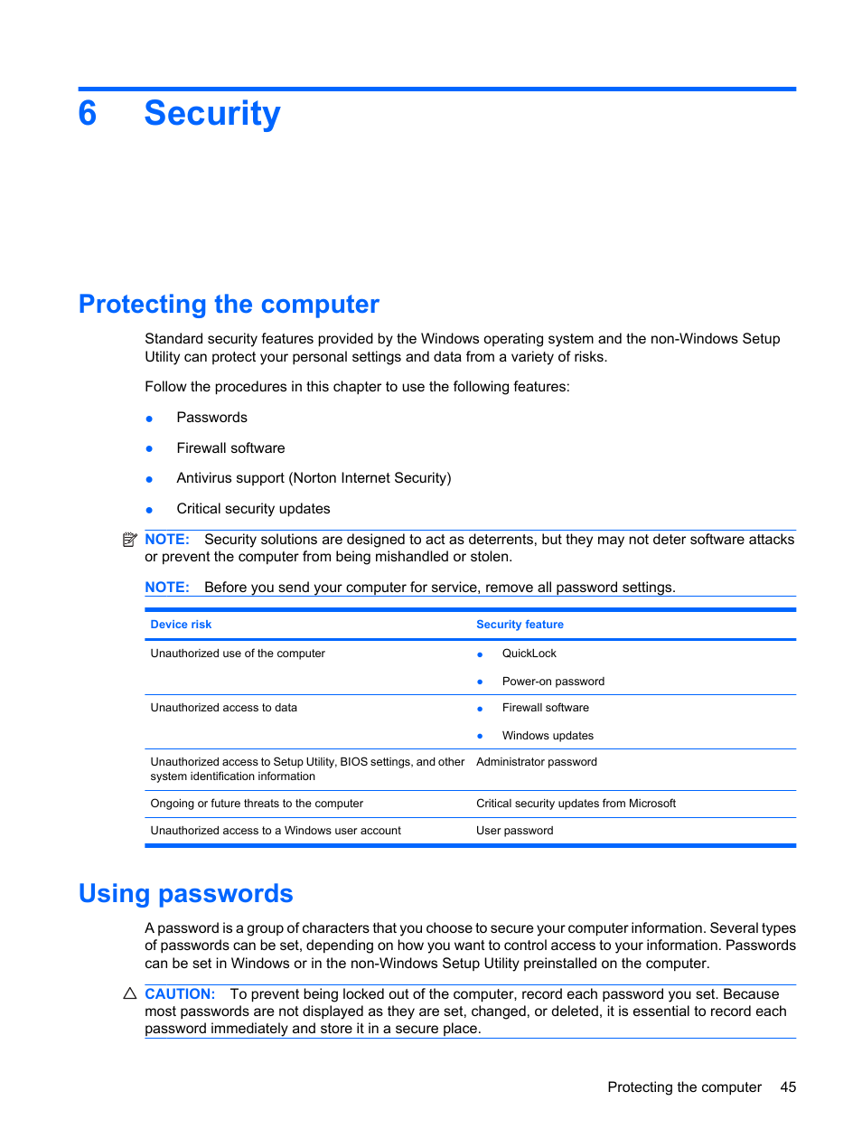Security, Protecting the computer, Using passwords | 6 security, Protecting the computer using passwords, 6security | HP Compaq Mini 110c-1150EB PC User Manual | Page 53 / 87