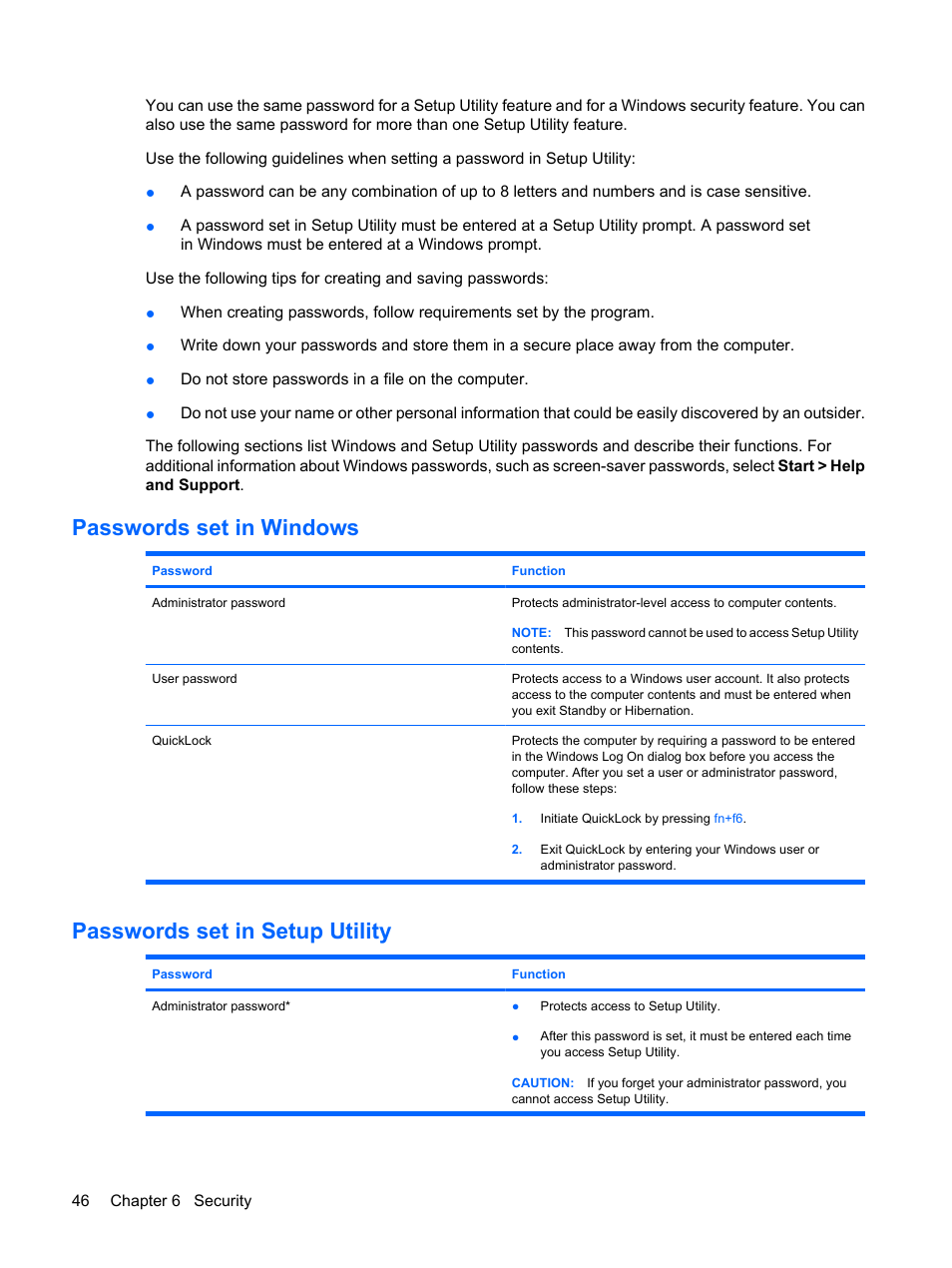 Passwords set in windows, Passwords set in setup utility | HP Compaq Mini 110c-1150EB PC User Manual | Page 54 / 87
