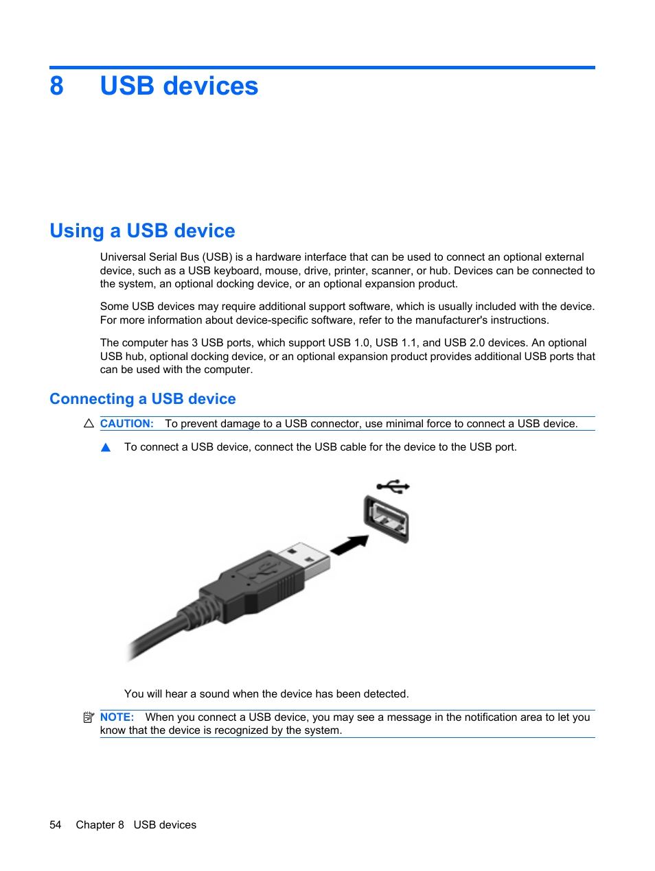 Usb devices, Using a usb device, Connecting a usb device | 8 usb devices, 8usb devices | HP Compaq Mini 110c-1150EB PC User Manual | Page 62 / 87