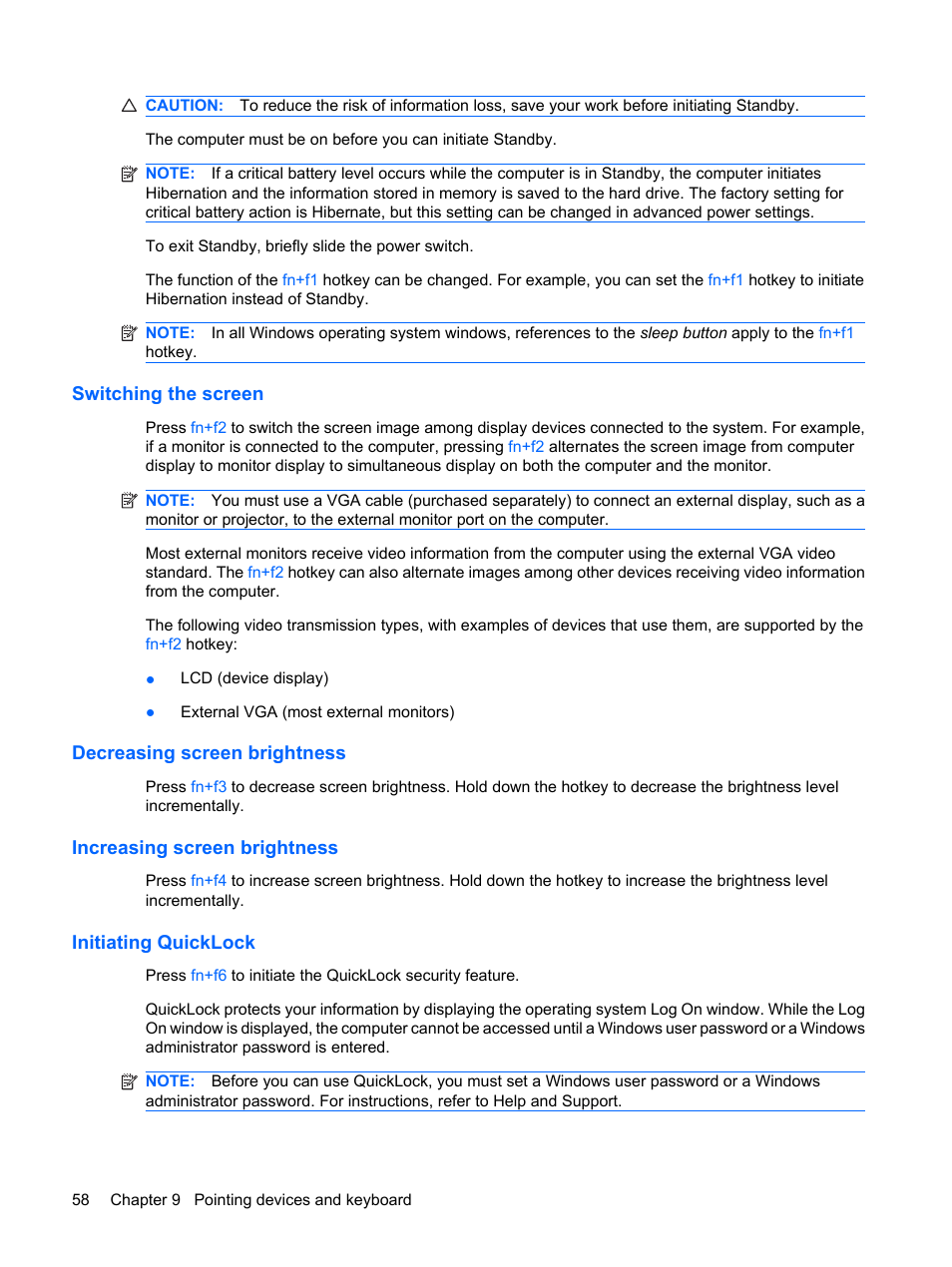 Switching the screen, Decreasing screen brightness, Increasing screen brightness | Initiating quicklock | HP Compaq Mini 110c-1150EB PC User Manual | Page 66 / 87