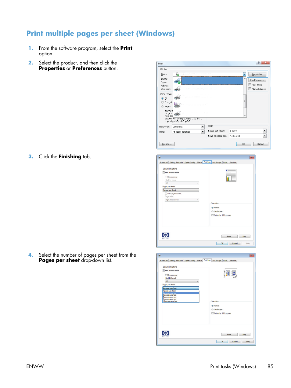 Print multiple pages per sheet (windows) | HP LaserJet Enterprise 500 Color MFP M575 User Manual | Page 101 / 354